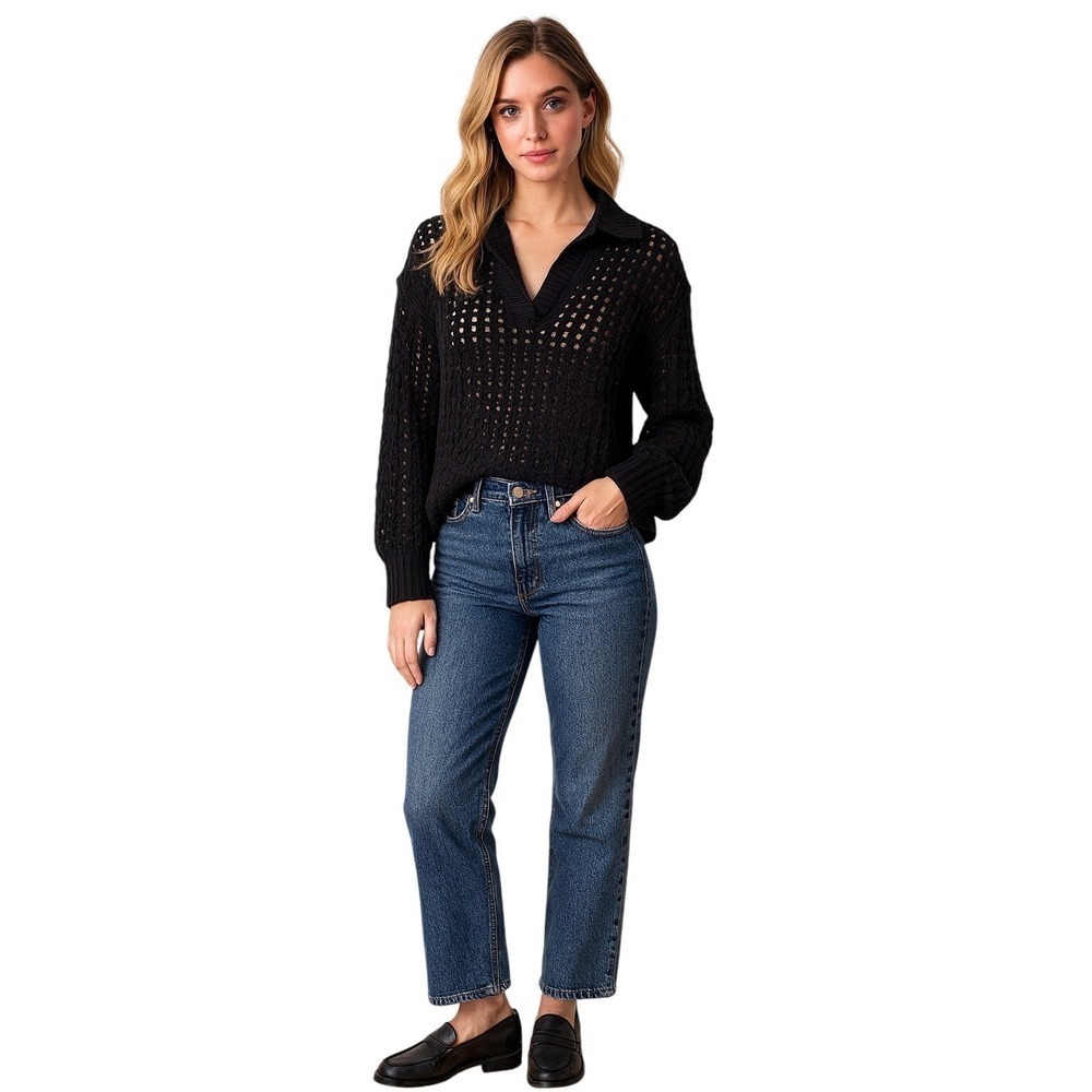 LOFT Mesh Collared V-Neck Sweater Medium Black Cotton Preppy Dark Academia Chic
